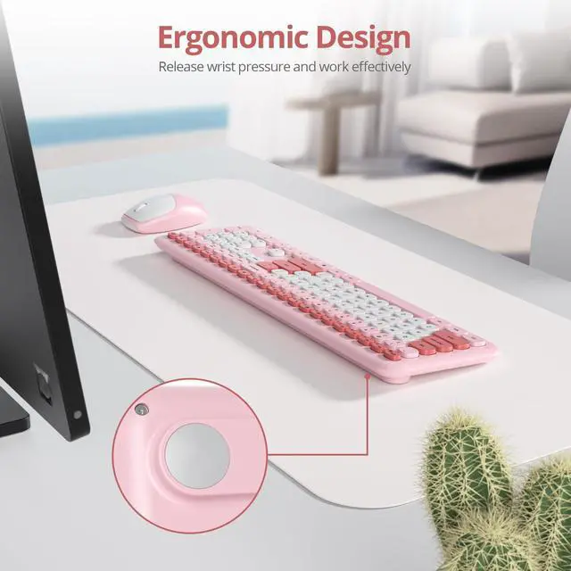 Alt view image 3 of 5 - iTastatur Typewriter Wireless Keyboard and Mouse Combo,2.4G Office 104 Keys Full-Sized Retro Punk Keyboard,Cute Red with Round Keycaps for Laptop PC Desktops (Pink White)