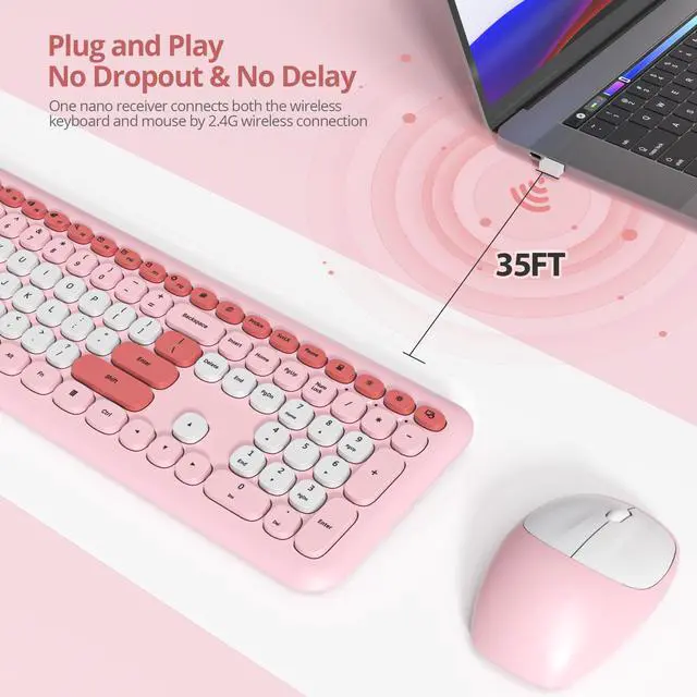 Alt view image 2 of 5 - iTastatur Typewriter Wireless Keyboard and Mouse Combo,2.4G Office 104 Keys Full-Sized Retro Punk Keyboard,Cute Red with Round Keycaps for Laptop PC Desktops (Pink White)