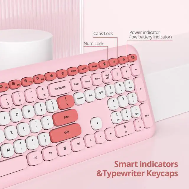 Alt view image 5 of 5 - iTastatur Typewriter Wireless Keyboard and Mouse Combo,2.4G Office 104 Keys Full-Sized Retro Punk Keyboard,Cute Red with Round Keycaps for Laptop PC Desktops (Pink White)