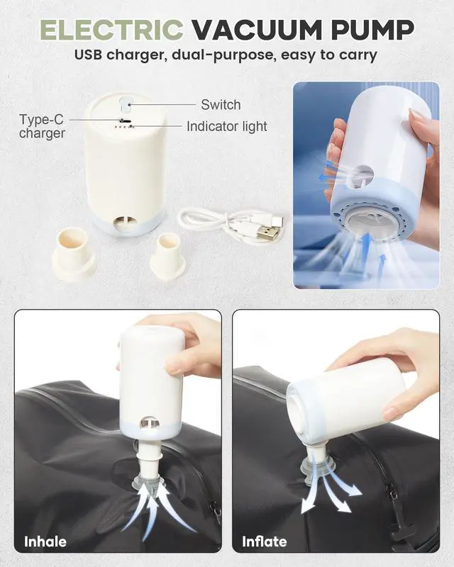 Alt view image 4 of 5 - Vacuum Travel Backpack with Pump for Women, Personal Item Carry on Backpacks Flight Approved 18x14x8 inches for Men,Laptop Waterproof Work Compression bags Casual Daypack YYWhite