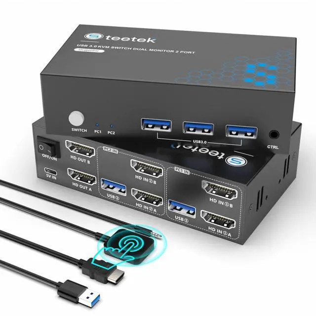 Main image of USB 3.0 HDMI KVM Switch 2 Monitors 2 Computers, 4K@60Hz KVM Switches for 2 Computers Sharing 2 Monitor Keyboard Mouse Hard Drives Printer, with EDID Adaptive, 2USB Cable and Controller