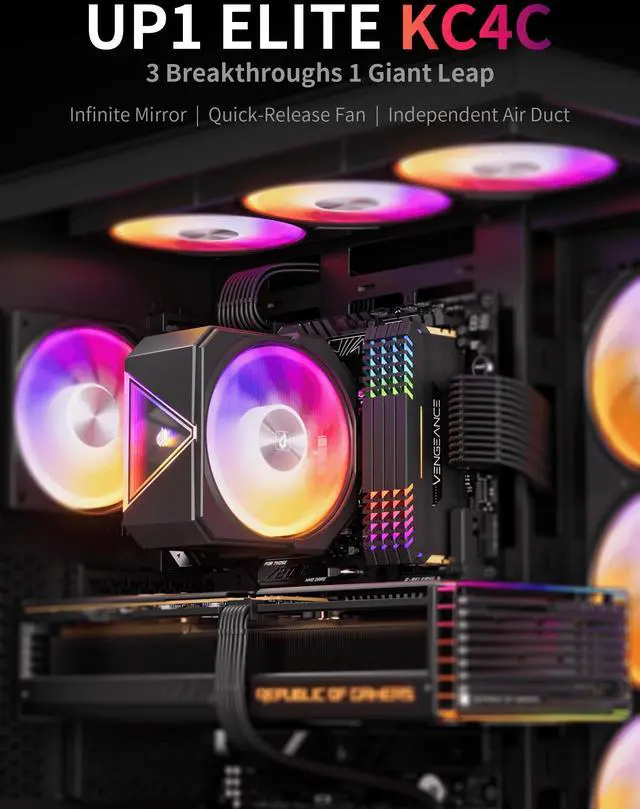 Alt view image 2 of 5 - upHere up1 Elite CPU Cooler - 4 Heat Pipes, Infinity ARGB Mirror Top, Quick-Release Fans, Intel LGA1851/1700 & AMD AM5/AM4 Support, Independent Air Duct, 1650RPM 68CFM Fan, Black, up1 Elite KC4C