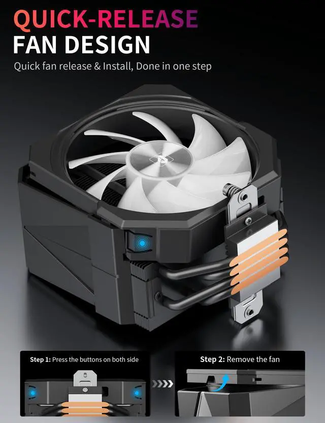 Alt view image 5 of 5 - upHere up1 Elite CPU Cooler - 4 Heat Pipes, Infinity ARGB Mirror Top, Quick-Release Fans, Intel LGA1851/1700 & AMD AM5/AM4 Support, Independent Air Duct, 1650RPM 68CFM Fan, Black, up1 Elite KC4C