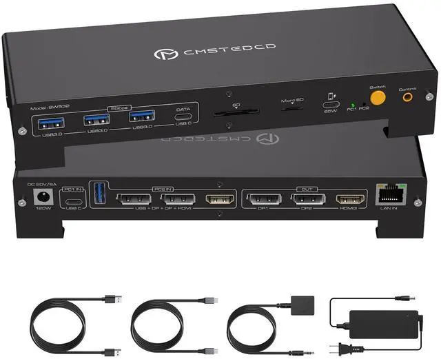 Main image of KVM Switch 3 Monitors 2 Computers 4K@120Hz Displayport and 4K@60Hz HDMI USB C KVM Switch Docking Station Shared Dual or Triple Monitors for Thunderbolt 3 Laptop and Desktop Support 100W PD Charging