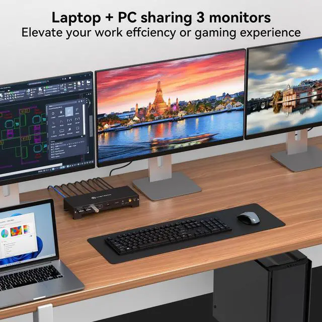 Alt view image 4 of 5 - KVM Switch 3 Monitors 2 Computers 4K@120Hz Displayport and 4K@60Hz HDMI USB C KVM Switch Docking Station Shared Dual or Triple Monitors for Thunderbolt 3 Laptop and Desktop Support 100W PD Charging
