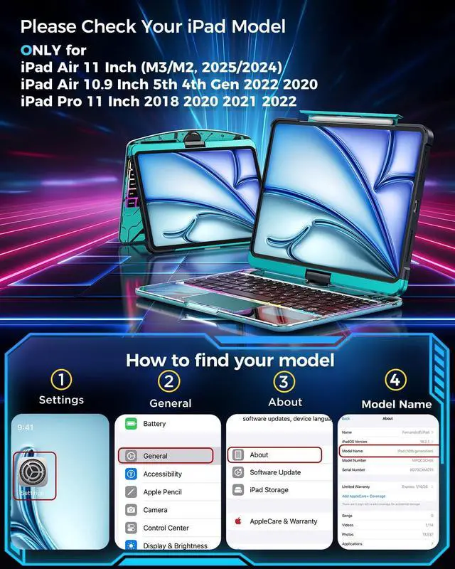 Alt view image 2 of 5 - SIEBITU Clear Wireless Keyboard Case for iPad Air 11-inch (M3 2025/M2 2024) & iPad Pro 11-inch 4th 3rd 2nd 1st Gen, 7-Color Backlit with Multi-Touch Trackpad for 10.9" iPad Air 4th/5th Gen, Blue