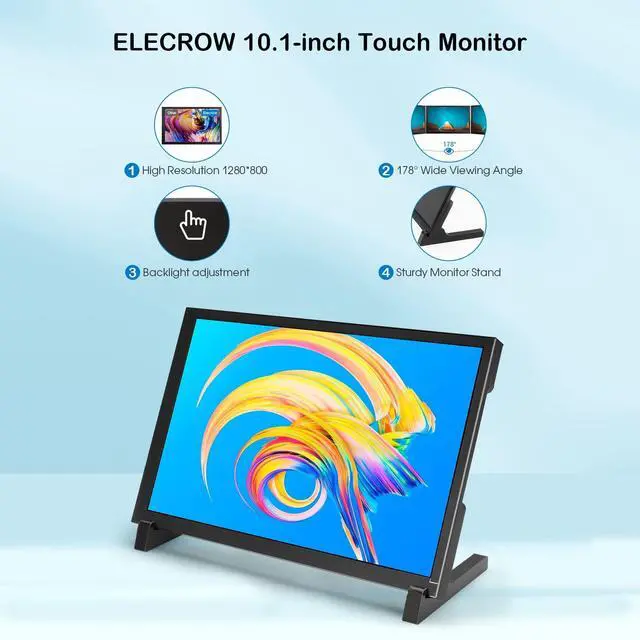 Alt view image 2 of 5 - ELECROW 10.1 Inch Touchscreen Monitor, 1280x800 IPS LCD HD Display with Stand, Portable Capacitive Touch Screen for Raspberry Pi 3/3B+/4B/5, Jetson Nano, Banana Pi, PC, Windows, Beaglebone