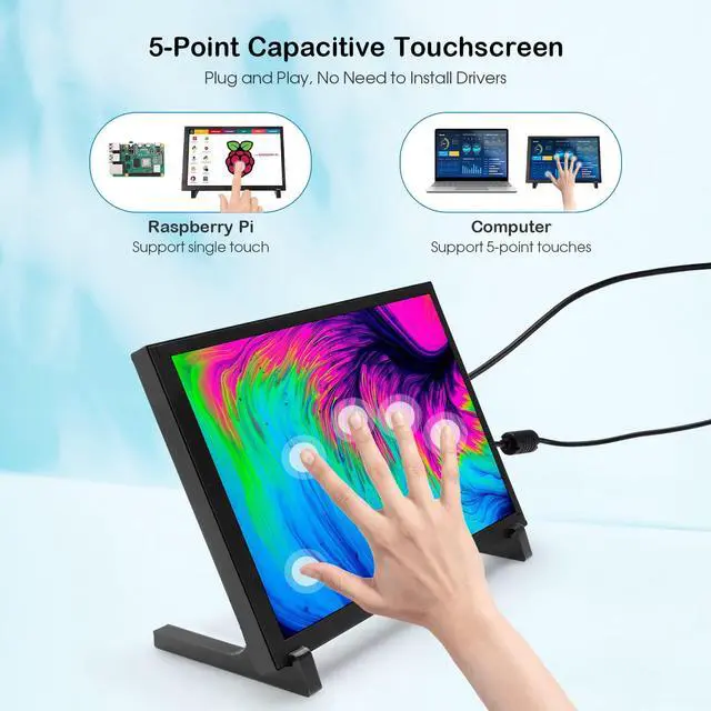 Alt view image 3 of 5 - ELECROW 10.1 Inch Touchscreen Monitor, 1280x800 IPS LCD HD Display with Stand, Portable Capacitive Touch Screen for Raspberry Pi 3/3B+/4B/5, Jetson Nano, Banana Pi, PC, Windows, Beaglebone