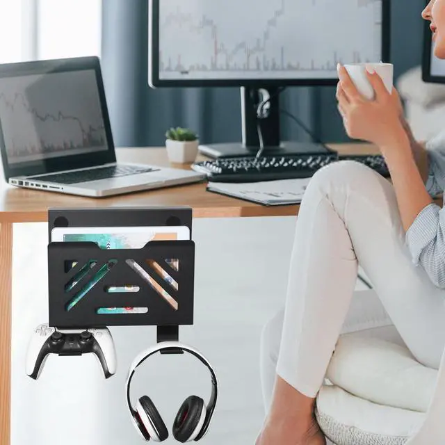 Alt view image 2 of 5 - MAXECHO Desk Side Storage, Under Desk Laptop Mount, Table Side Hanging File Organizer, No Drill Clamp On Cable Management Tray, Laptop Holder with 2 Hooks for Office and Home, Load 22 Lbs