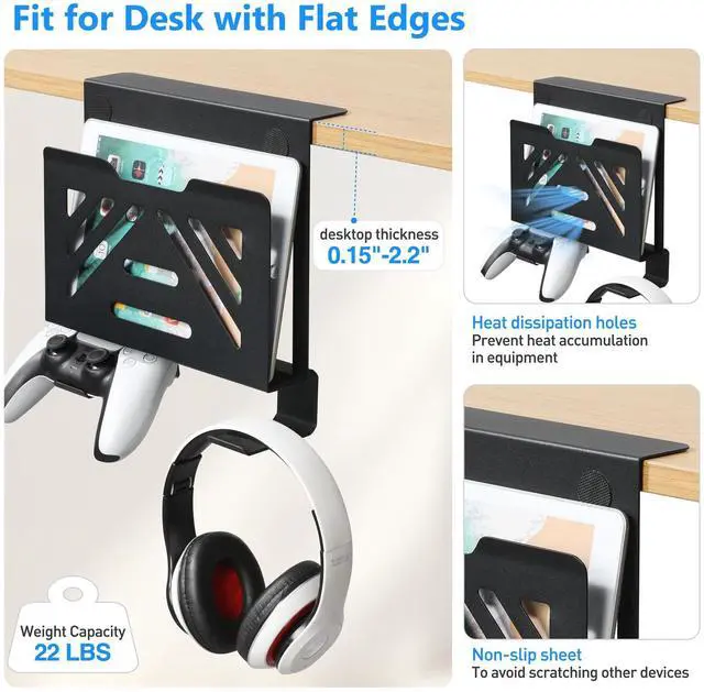 Alt view image 4 of 5 - MAXECHO Desk Side Storage, Under Desk Laptop Mount, Table Side Hanging File Organizer, No Drill Clamp On Cable Management Tray, Laptop Holder with 2 Hooks for Office and Home, Load 22 Lbs