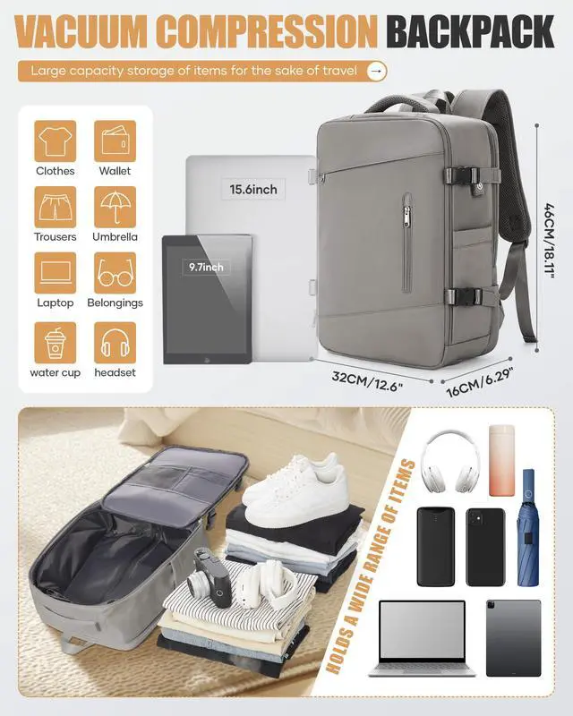 Alt view image 2 of 5 - Travel Vacuum Backpack Airback Vacpack Seal Packing Backpack with Pump Storage Vacuum Compression Seal Bags Carrry on Flight Approved Personal Item Compression Laptop Work Back Pack Grey Brown