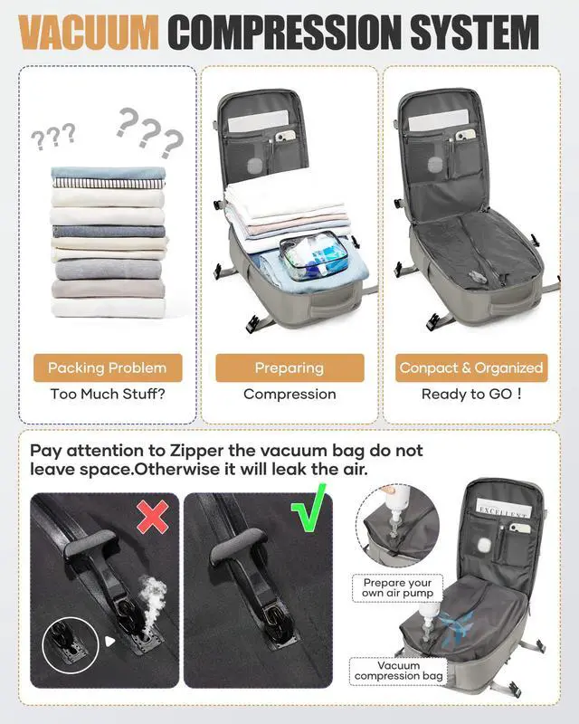 Alt view image 5 of 5 - Travel Vacuum Backpack Airback Vacpack Seal Packing Backpack with Pump Storage Vacuum Compression Seal Bags Carrry on Flight Approved Personal Item Compression Laptop Work Back Pack Grey Brown