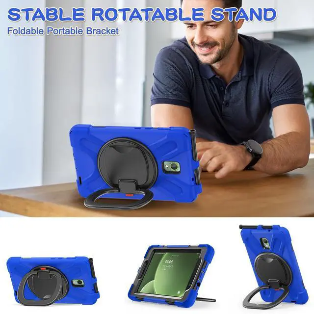Alt view image 3 of 5 - FONREST Rugged Case for Samsung Galaxy Tab Active5 5G (SM-X306B/X300) w/ 360° Rotating Hanging Ring Handle Grip Kickstand, Heavy Duty Shock-Proof Armor Cover w/Shoulder Strap, Stylus Holder (Blue)