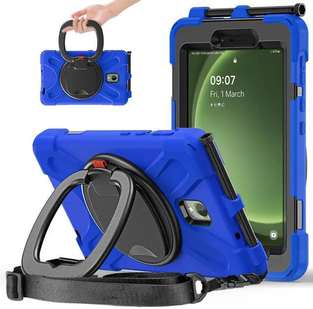 Main image of FONREST Rugged Case for Samsung Galaxy Tab Active5 5G (SM-X306B/X300) w/ 360° Rotating Hanging Ring Handle Grip Kickstand, Heavy Duty Shock-Proof Armor Cover w/Shoulder Strap, Stylus Holder (Blue)