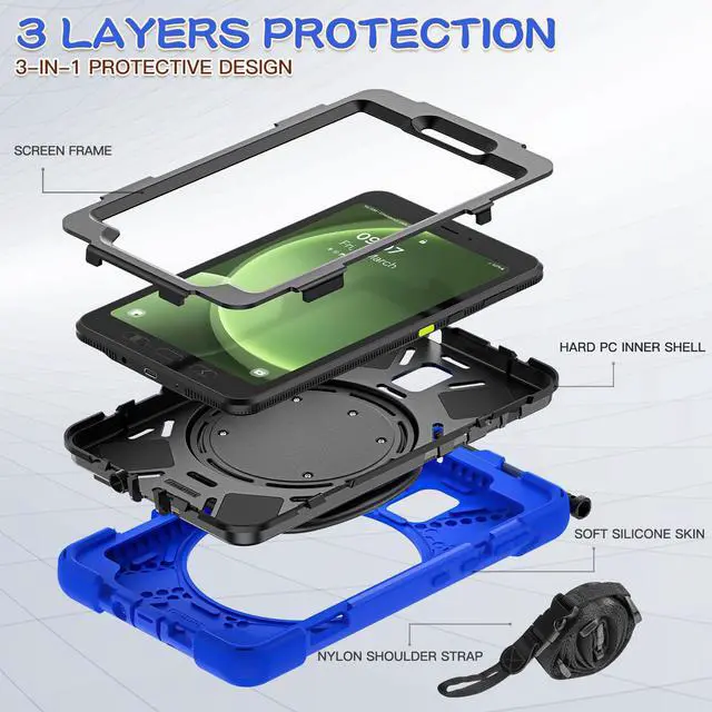 Alt view image 2 of 5 - FONREST Rugged Case for Samsung Galaxy Tab Active5 5G (SM-X306B/X300) w/ 360° Rotating Hanging Ring Handle Grip Kickstand, Heavy Duty Shock-Proof Armor Cover w/Shoulder Strap, Stylus Holder (Blue)