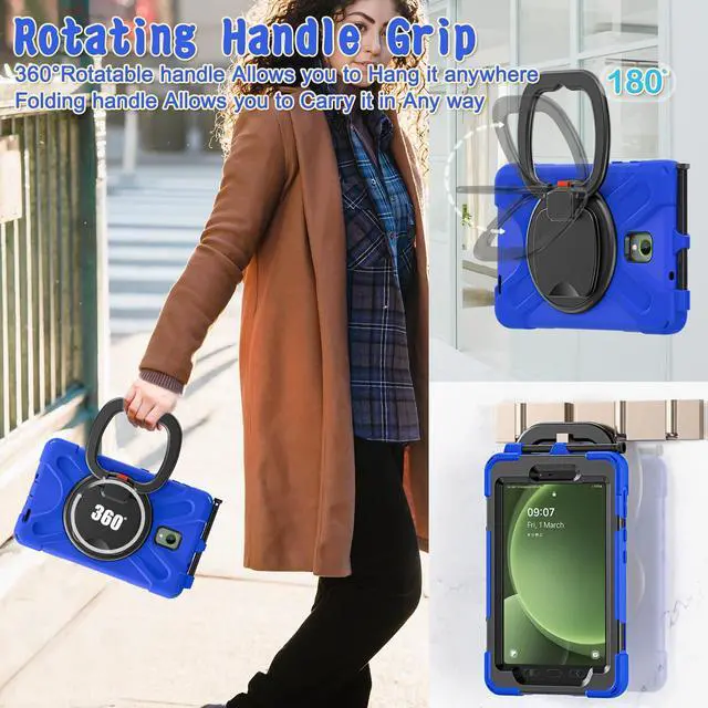 Alt view image 4 of 5 - FONREST Rugged Case for Samsung Galaxy Tab Active5 5G (SM-X306B/X300) w/ 360° Rotating Hanging Ring Handle Grip Kickstand, Heavy Duty Shock-Proof Armor Cover w/Shoulder Strap, Stylus Holder (Blue)