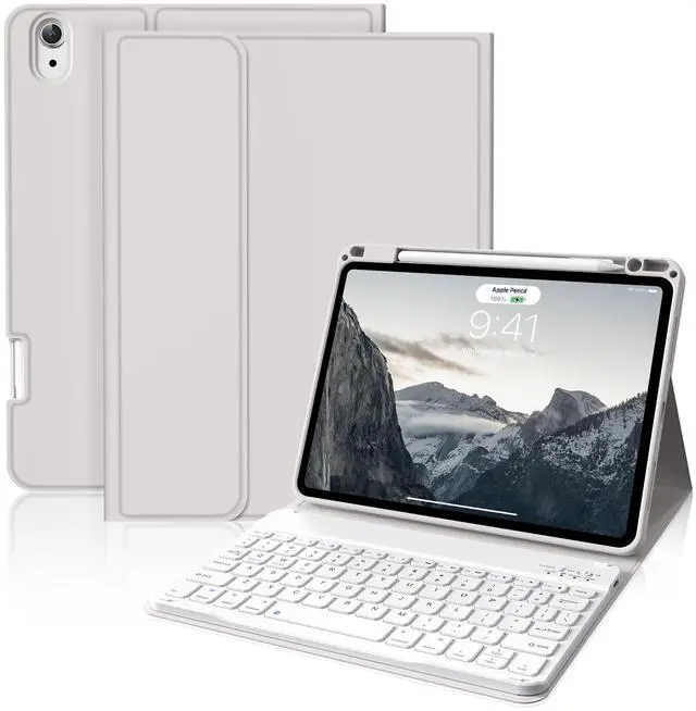 Main image of BQDIYOO Case for iPad Air 7th/6th 11-inch M3/M2 (2025/2024), iPad Air 5th/4th Generation 10.9 inch 2022/2020, Stand Folio Detachable Wireless Keyboard Soft TPU Cover with Pencil Holder, Gray