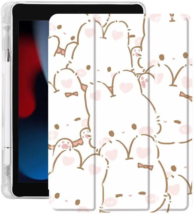 Main image of Idocolors Cute Kawaii Bunny Rabbit Pad Case for 11 Inch iPad Pro 2022/2021/2020/2018, Clear TPU Trifold Stand Back Cover with Pencil Holder, Auto Wake/Sleep Foldable Shockproof Protective Case