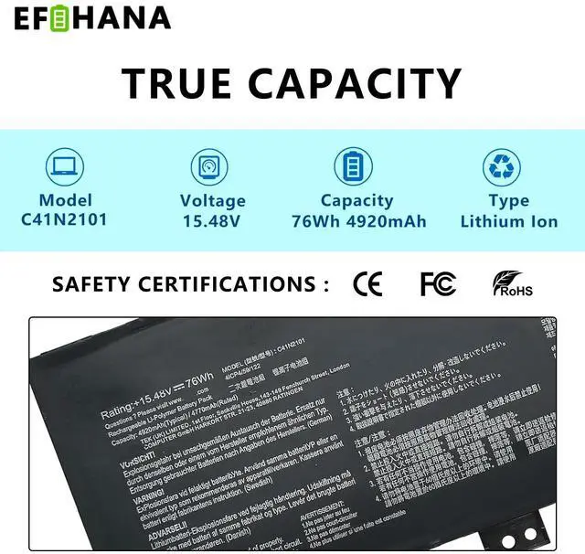 Alt view image 2 of 5 - C41N2101 0B200-04110100 Laptop Battery Replacement for Asus ROG Zephyrus G14 GA402 GA402R / Zenbook Pro 14 Duo OLED UX8402ZA / VivoBook Pro 15X OLED K6501ZM / TUF Dash F15 FX517 Series 15.48V 76Wh
