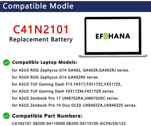 Alt view image 3 of 5 - C41N2101 0B200-04110100 Laptop Battery Replacement for Asus ROG Zephyrus G14 GA402 GA402R / Zenbook Pro 14 Duo OLED UX8402ZA / VivoBook Pro 15X OLED K6501ZM / TUF Dash F15 FX517 Series 15.48V 76Wh