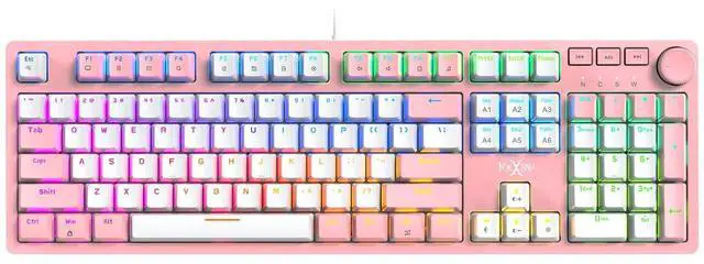Main image of FOXXRAY HKM-95 Wired Mechanical Gaming Keyboard, Full-Size RGB Backlit with Media Control Knob, Outemu Switches, USB Plug and Play for PC/Mac/Windows - Pink & White (Clicky Blue Switch)