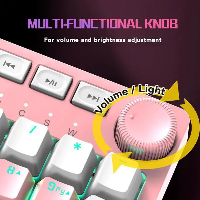 Alt view image 4 of 5 - FOXXRAY HKM-95 Wired Mechanical Gaming Keyboard, Full-Size RGB Backlit with Media Control Knob, Outemu Switches, USB Plug and Play for PC/Mac/Windows - Pink & White (Clicky Blue Switch)