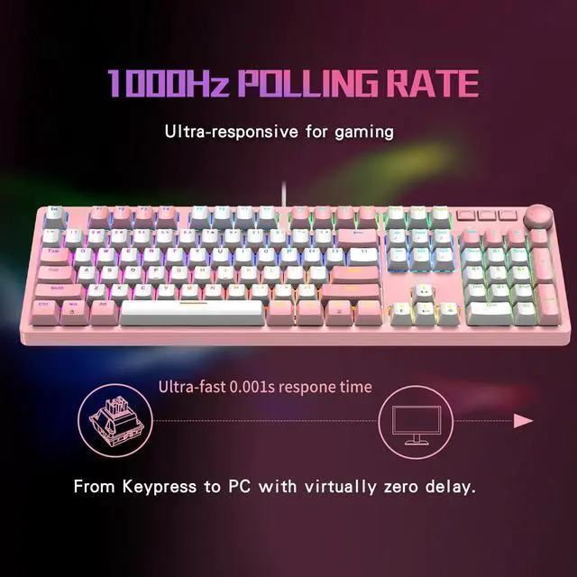 Alt view image 3 of 5 - FOXXRAY HKM-95 Wired Mechanical Gaming Keyboard, Full-Size RGB Backlit with Media Control Knob, Outemu Switches, USB Plug and Play for PC/Mac/Windows - Pink & White (Clicky Blue Switch)