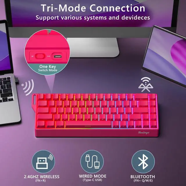 Alt view image 3 of 5 - BlueFinger 60% Wireless Mechanical Gaming Keyboard, Bluetooth/2.4G/USB-C Hot Swappable RGB Backlit Keyboard with Side-Printed PBT Keycaps, for MAC Xbox PC PS5, Pink