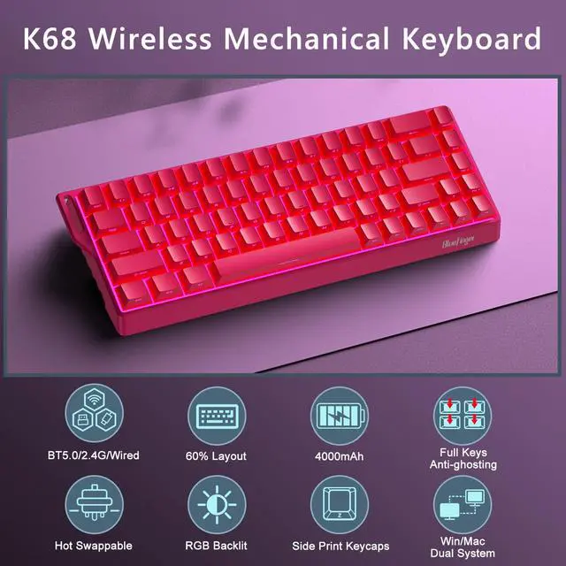 Alt view image 2 of 5 - BlueFinger 60% Wireless Mechanical Gaming Keyboard, Bluetooth/2.4G/USB-C Hot Swappable RGB Backlit Keyboard with Side-Printed PBT Keycaps, for MAC Xbox PC PS5, Pink