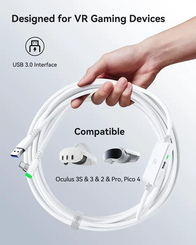 Alt view image 3 of 5 - INIU 16ft Premium VR Link Cable with Charging, USB 3.0 Compatible with Meta Quest 3s Oculus Quest 3/2/Pro, Pico 4, PC VR & Steam VR - Perfect White VR Accessory, Ideal Gift Choice
