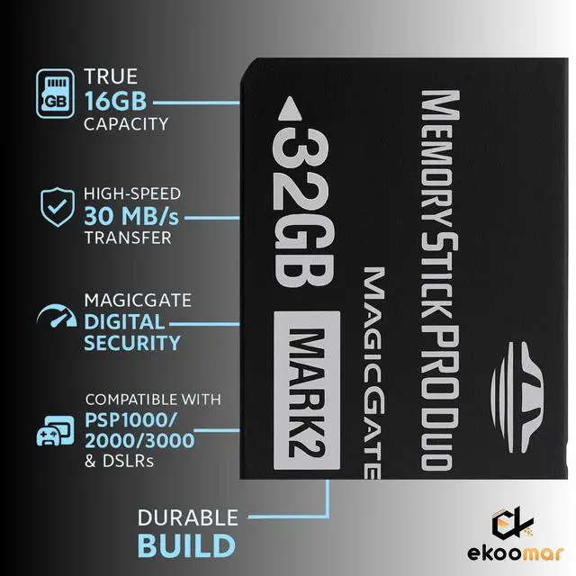 Alt view image 2 of 5 - Ekoomar Original 32GB Memory Stick Pro Duo MARK2 - Compatible with PSP1000/2000/3000, DSLR Burst Shooting, MagicGate | High-Speed Read/Write Memory Stick Duo Card for PSP Memory Stick & Cameras