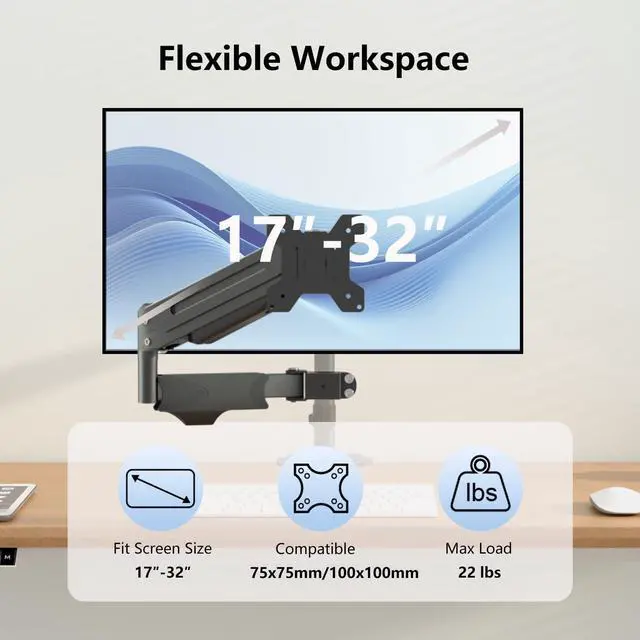 Alt view image 2 of 5 - suptek Single Monitor Arm,Full Motion Pneumatic Pole Mount Arm for 17 to 32 inch Monitor Screens, Support Weight up to 22lbs,75mm and 100mm VESA Plate, Black