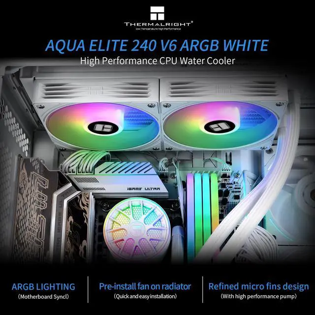 Alt view image 5 of 5 - Thermalrlght Aqua Elite 240 V6 ARGB White CPU Liquid Cooler, 240 Cooling Row Size,2x120mm Water Radiator,AMD: AM4/AM5,Intel LGA115X/1200/2011/1700/1851