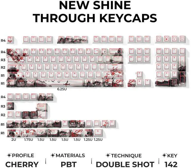 Alt view image 4 of 5 - GMKWTL XVX Plum Blossom Shine Through White Keycaps, Doubleshot PBT Keycap Set Cherry Profile, 142 Keys Keyboard Keycaps, Universal Compatiability with 60%, 65%, 75%, 100% Mechanical Keyboard