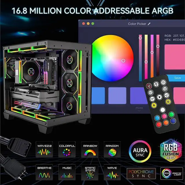 Alt view image 5 of 5 - GSCOLER FB120 3 Pack 120mm ARGB PC Case Fans - Wireless Splicing/Daisy-Chain, 16.8M Colors Infinite Mirror Reverse Fan with Remote, PWM Speed Control, High Airflow, Quiet Cooling for Gaming PC Build