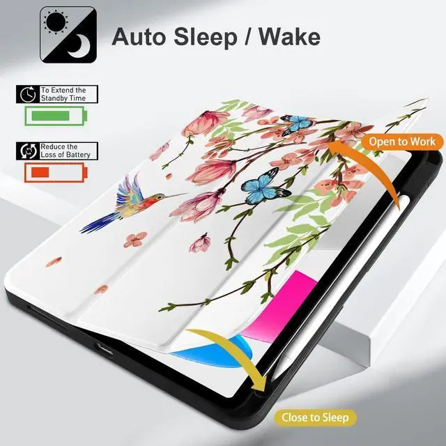 Alt view image 4 of 5 - MEEgoodo Case for iPad A16 11th Generation 11 inch 2025/iPad 10th Generation 10.9 inch 2022, Tablet Cover with Trifold Stand + Pencil Holder + Auto Wake/Sleep + Soft TPU Back Cover, Birds & Flowers