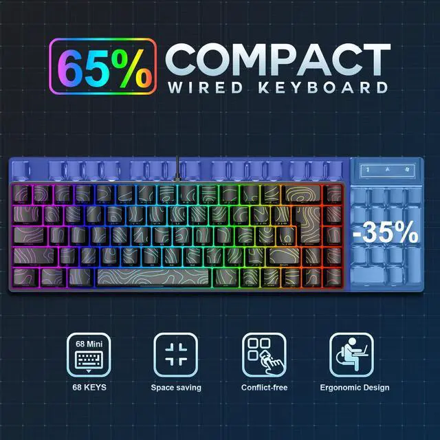 Alt view image 3 of 5 - Snpurdiri 65% Wired Gaming Keyboard, 68 Keys RGB Backlit Ultra-Compact Small Gaming Keyboard, for PC/Mac Gamer, Typist, Travel, Easy to Carry on Business Trip Black