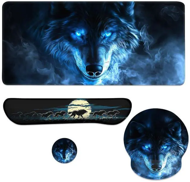 Main image of Blue Wolf Mouse Pad Set Glowing Eyes Fantasy Animal Smoke Art Gaming Mousepad 4in1 Desk Mat for Desktop Wrist Support Cup Coaster Set Ergonomic Computer Desk Arm Wrist for Decor Home Office