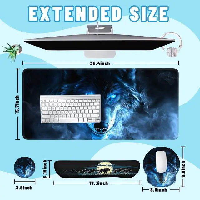 Alt view image 2 of 5 - Blue Wolf Mouse Pad Set Glowing Eyes Fantasy Animal Smoke Art Gaming Mousepad 4in1 Desk Mat for Desktop Wrist Support Cup Coaster Set Ergonomic Computer Desk Arm Wrist for Decor Home Office