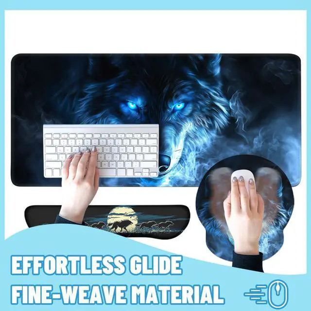 Alt view image 4 of 5 - Blue Wolf Mouse Pad Set Glowing Eyes Fantasy Animal Smoke Art Gaming Mousepad 4in1 Desk Mat for Desktop Wrist Support Cup Coaster Set Ergonomic Computer Desk Arm Wrist for Decor Home Office