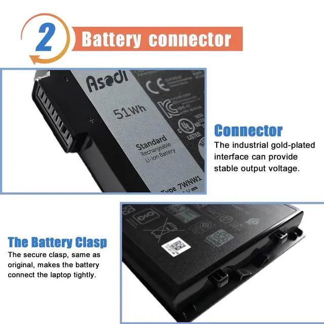 Alt view image 3 of 5 - ASODI 7WNW1 Laptop Battery Compatible with Dell Latitude 5420 5424 Rugged 7424 Extreme P137G P85G P86G P137G001 P137G002 P85G001 P86G001 Series DMF8C GK3D3 6NNCF DP3KF DMF0C 451-BCHV 51Wh 11.4V