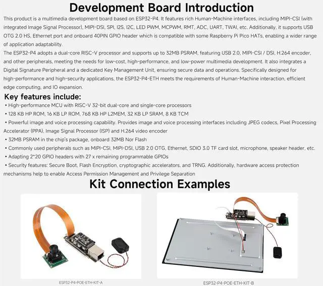 Alt view image 4 of 5 - ESP32-P4-ETH Development Board, Based On ESP32-P4, 100 Mbps RJ45 Ethernet Port, Rich Human-Machine Interfaces, Supports AI Speech Interaction, with PoE Module, Camera and Speaker (8 Items)
