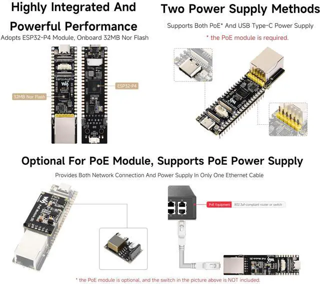 Alt view image 5 of 5 - ESP32-P4-ETH Development Board, Based On ESP32-P4, 100 Mbps RJ45 Ethernet Port, Rich Human-Machine Interfaces, Supports AI Speech Interaction, with PoE Module, Camera and Speaker (8 Items)