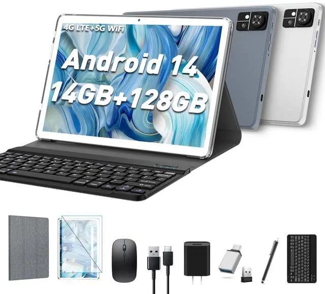 Main image of Android Tablet 10 inch 2025 Latest Tablet with Keyboard 14GB RAM+128GB ROM+1TBExpand,Octa-Core,Incell screen,5G + 2.4GHz WiFi/BT5.0/GPS,4G Cellular for T-Mobile,13MP+8MP Camera 7000mAh Battery