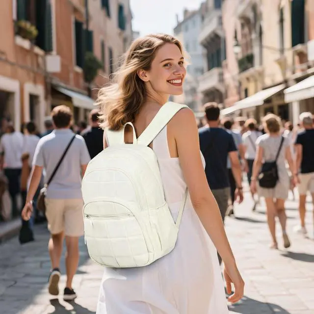 Alt view image 2 of 5 - SUIKIHUM Quilted Laptop Backpack for Women, Casual Work Daypack for 15.6 Inch Laptop, Travel Bag with Luggage Strap, Beige