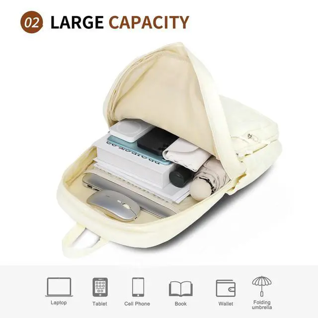 Alt view image 4 of 5 - SUIKIHUM Quilted Laptop Backpack for Women, Casual Work Daypack for 15.6 Inch Laptop, Travel Bag with Luggage Strap, Beige