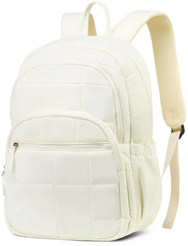 Main image of SUIKIHUM Quilted Laptop Backpack for Women, Casual Work Daypack for 15.6 Inch Laptop, Travel Bag with Luggage Strap, Beige