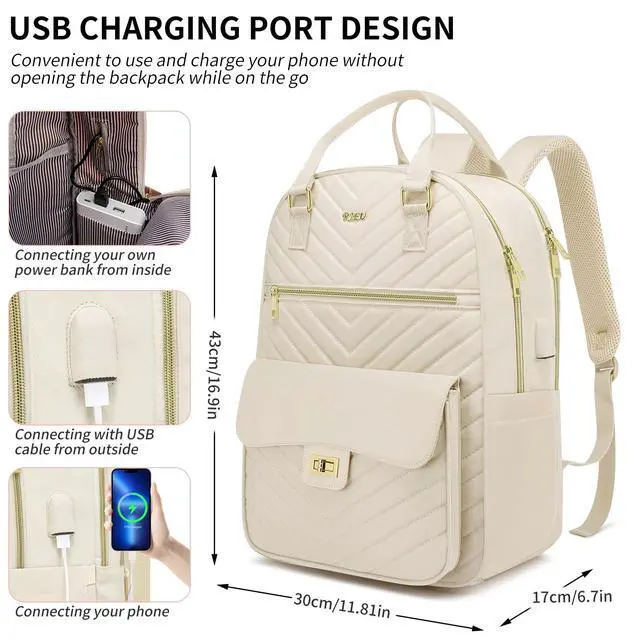 Alt view image 3 of 5 - RJEU Cute Aesthetic Backpack for School Middle High,Teen Girls Schoolbag College Student,Laptop Backpack Women for Travel Work,Mochilas Escolares,Beige