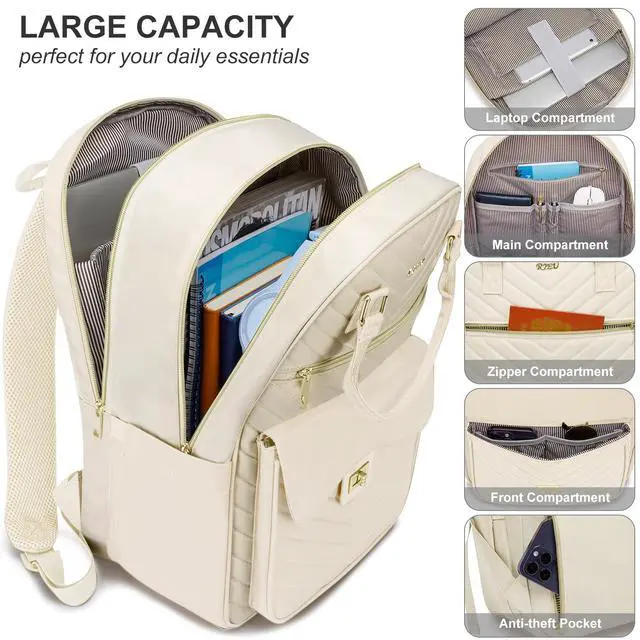 Alt view image 4 of 5 - RJEU Cute Aesthetic Backpack for School Middle High,Teen Girls Schoolbag College Student,Laptop Backpack Women for Travel Work,Mochilas Escolares,Beige