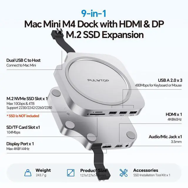 Alt view image 2 of 5 - PULWTOP Mac Mini M4 Dock Stand with DP 4K 144Hz & HDMI 4K 60Hz, Mac Mini M4 Pro Hub with 4TB NVMe SSD Enclosure (SSD NOT Included), 3 USB A 2.0, SD/TF 3.0, 3.5mm Audio/Mic, USB C Hub for Mac Mini 2024